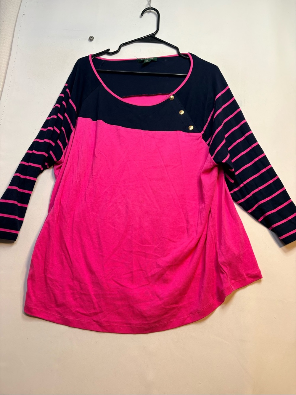 Ralph Lauren Pink and Navy Striped Sleeve Button Accent Top size 2x